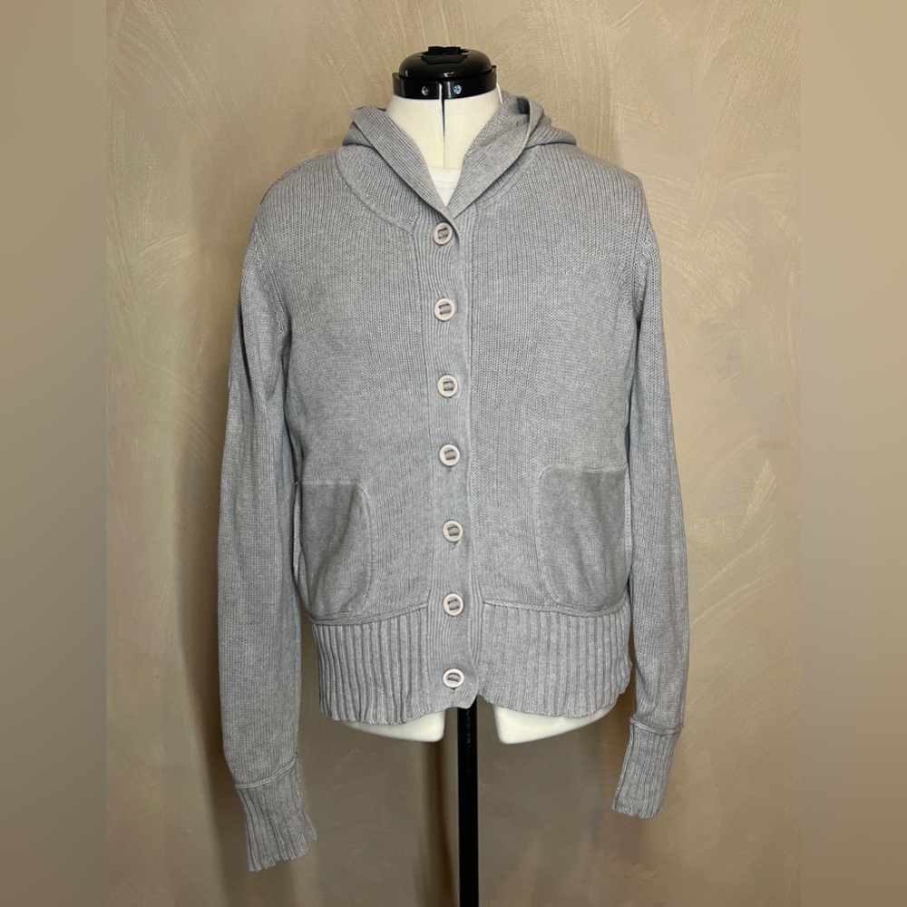 Stamp 10 Women's Tight Knit long sleeve Button-Up hooded Gray sweater|Size:L